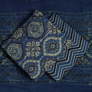 Blue - 3pc Ajrakh Block Printed Cotton Suit Material Set