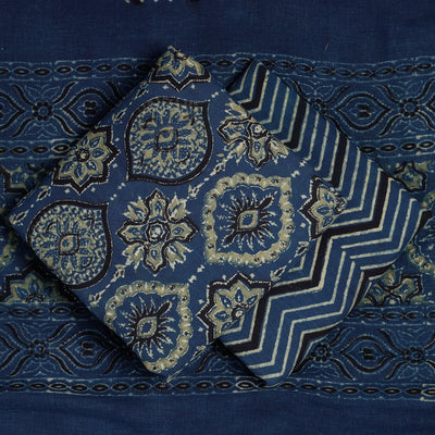 Blue - 3pc Ajrakh Block Printed Cotton Suit Material Set