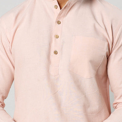 Baby Pink Textured Fine Cotton Handloom Men Short Kurta