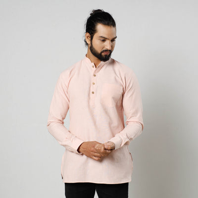 Baby Pink Textured Fine Cotton Handloom Men Short Kurta