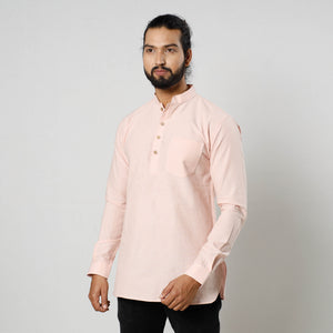Baby Pink Textured Fine Cotton Handloom Men Short Kurta