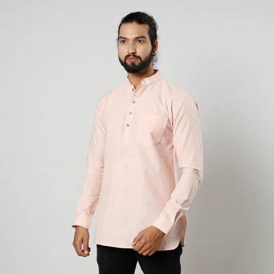 Baby Pink Textured Fine Cotton Handloom Men Short Kurta