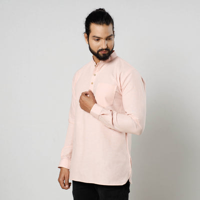 Baby Pink Textured Fine Cotton Handloom Men Short Kurta