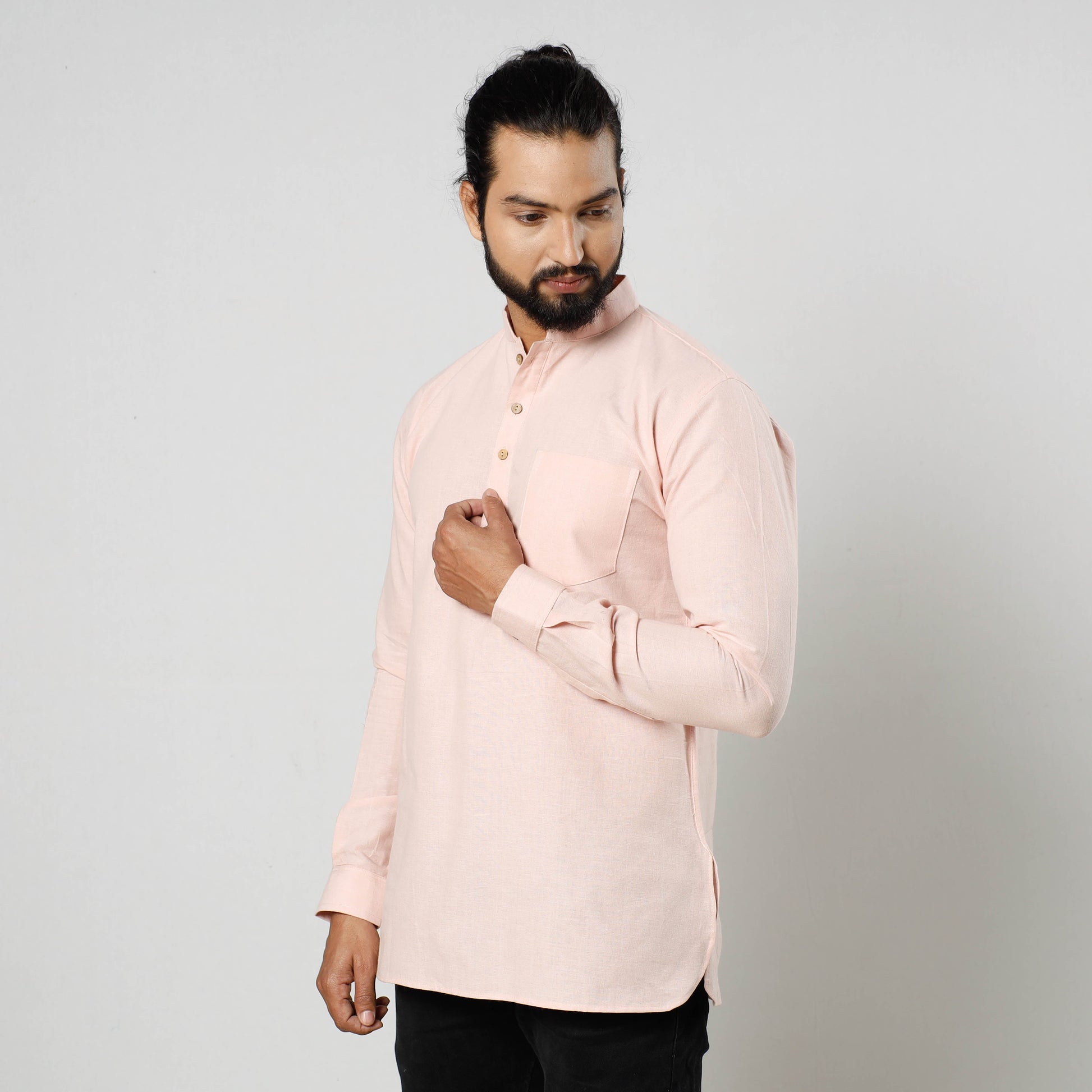 Baby Pink Textured Fine Cotton Handloom Men Short Kurta