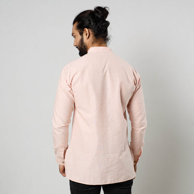 Baby Pink Textured Fine Cotton Handloom Men Short Kurta