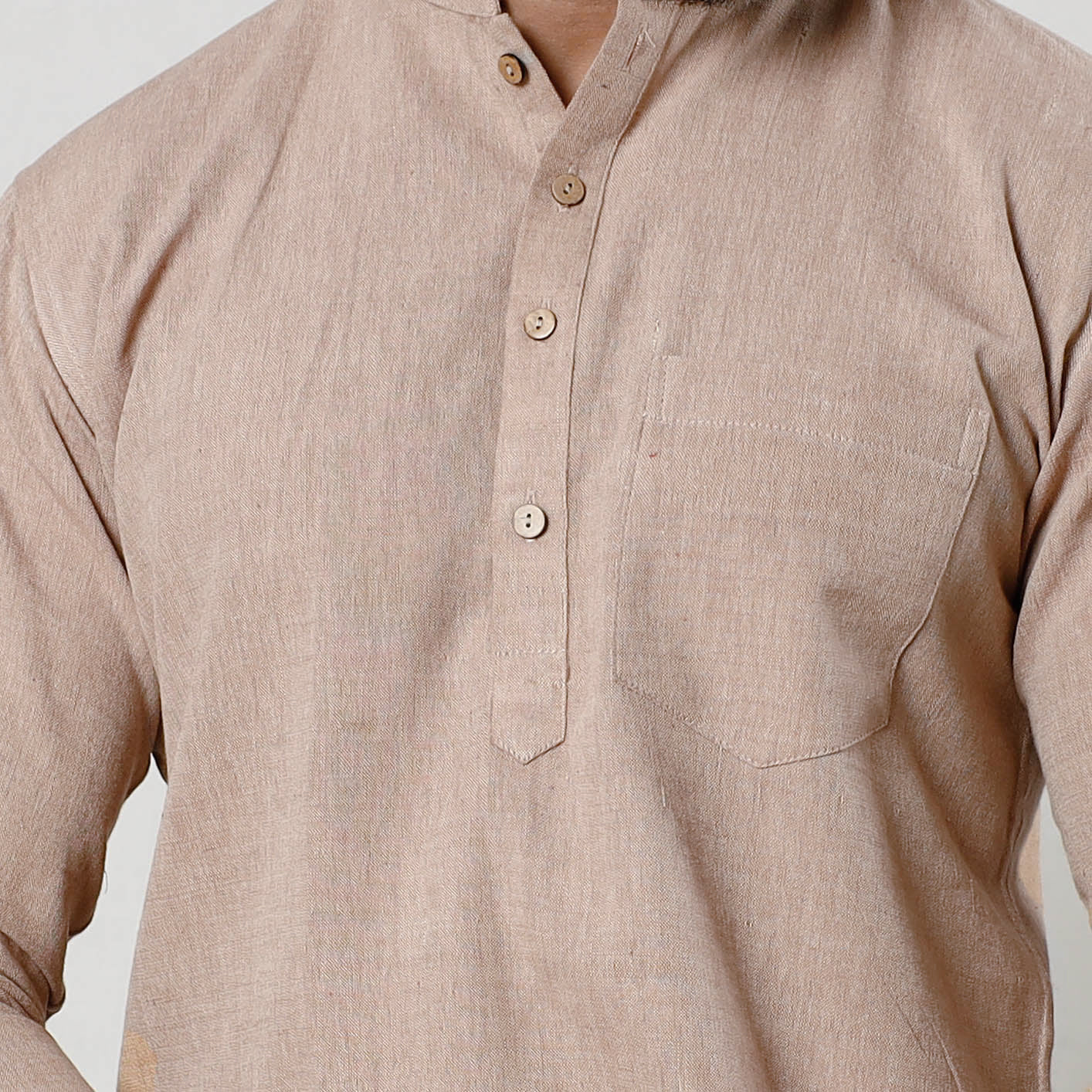 Beige Textured Fine Cotton Handloom Men Short Kurta