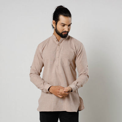 Beige Textured Fine Cotton Handloom Men Short Kurta