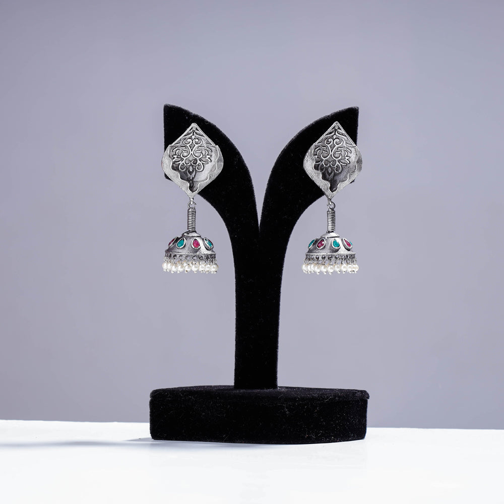 Antique Silver Finish Oxidised Brass Base Jhumki Earrings