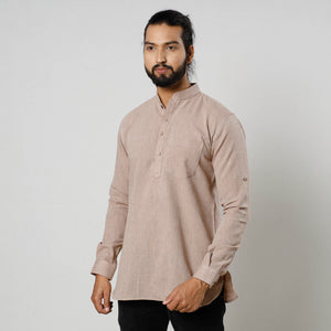 Beige Textured Fine Cotton Handloom Men Short Kurta