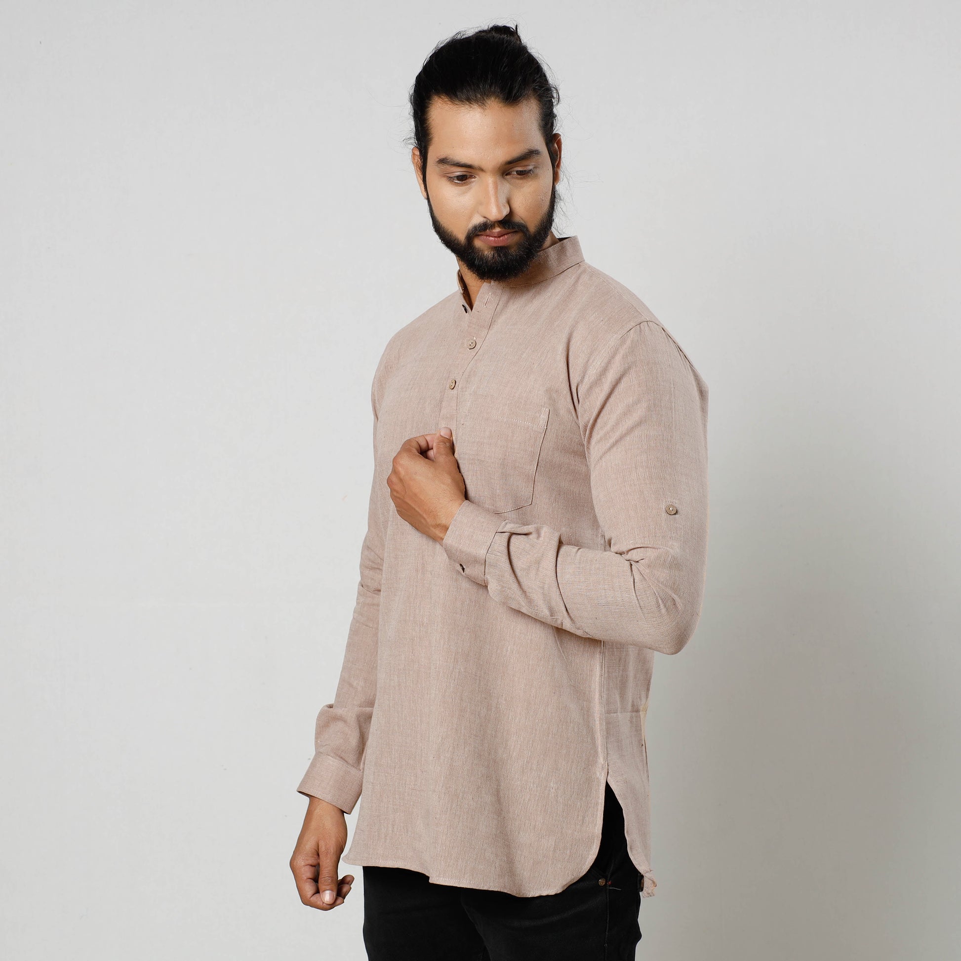 Beige Textured Fine Cotton Handloom Men Short Kurta