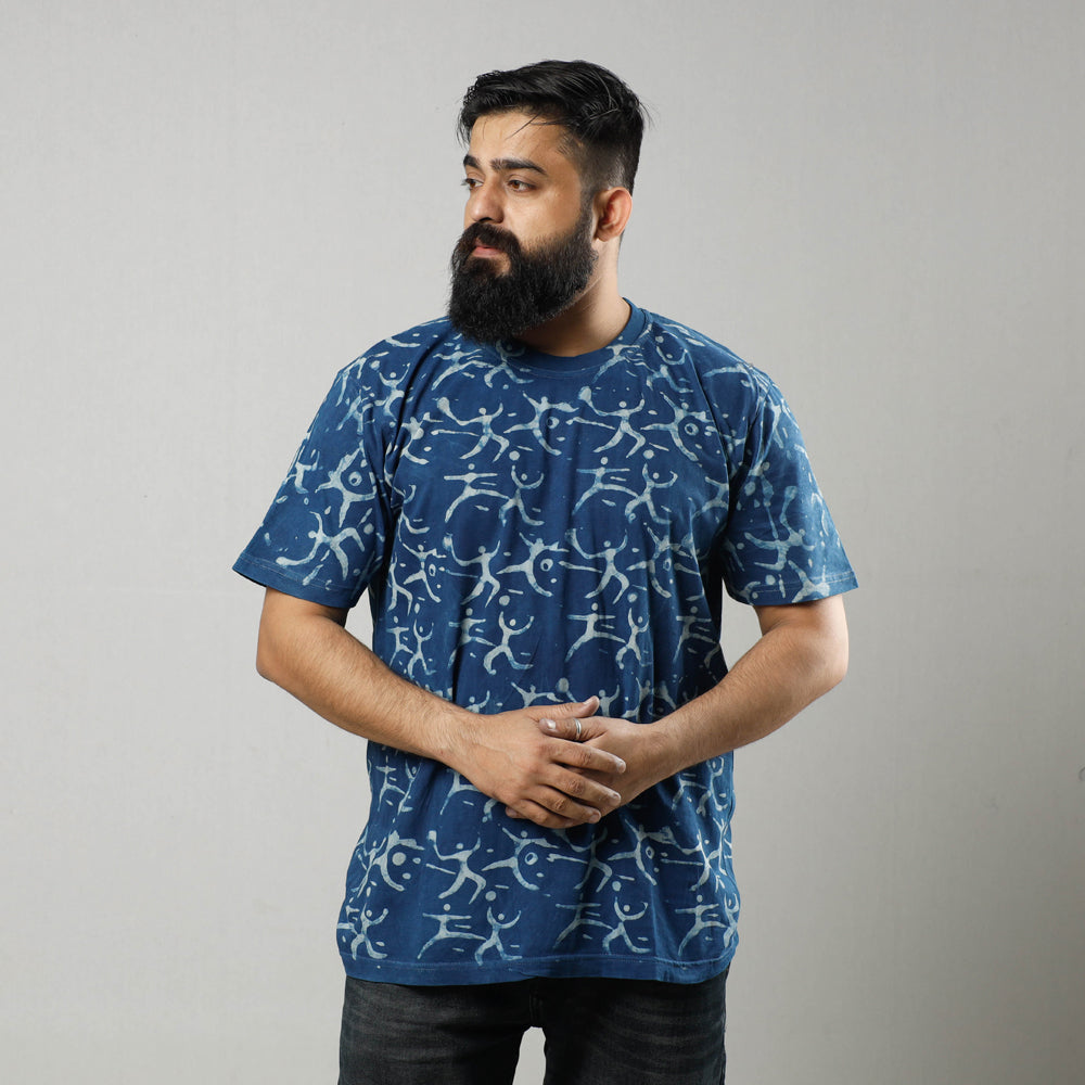 Blue - Bindaas Block Art Printed Cotton Round Neck T-shirt