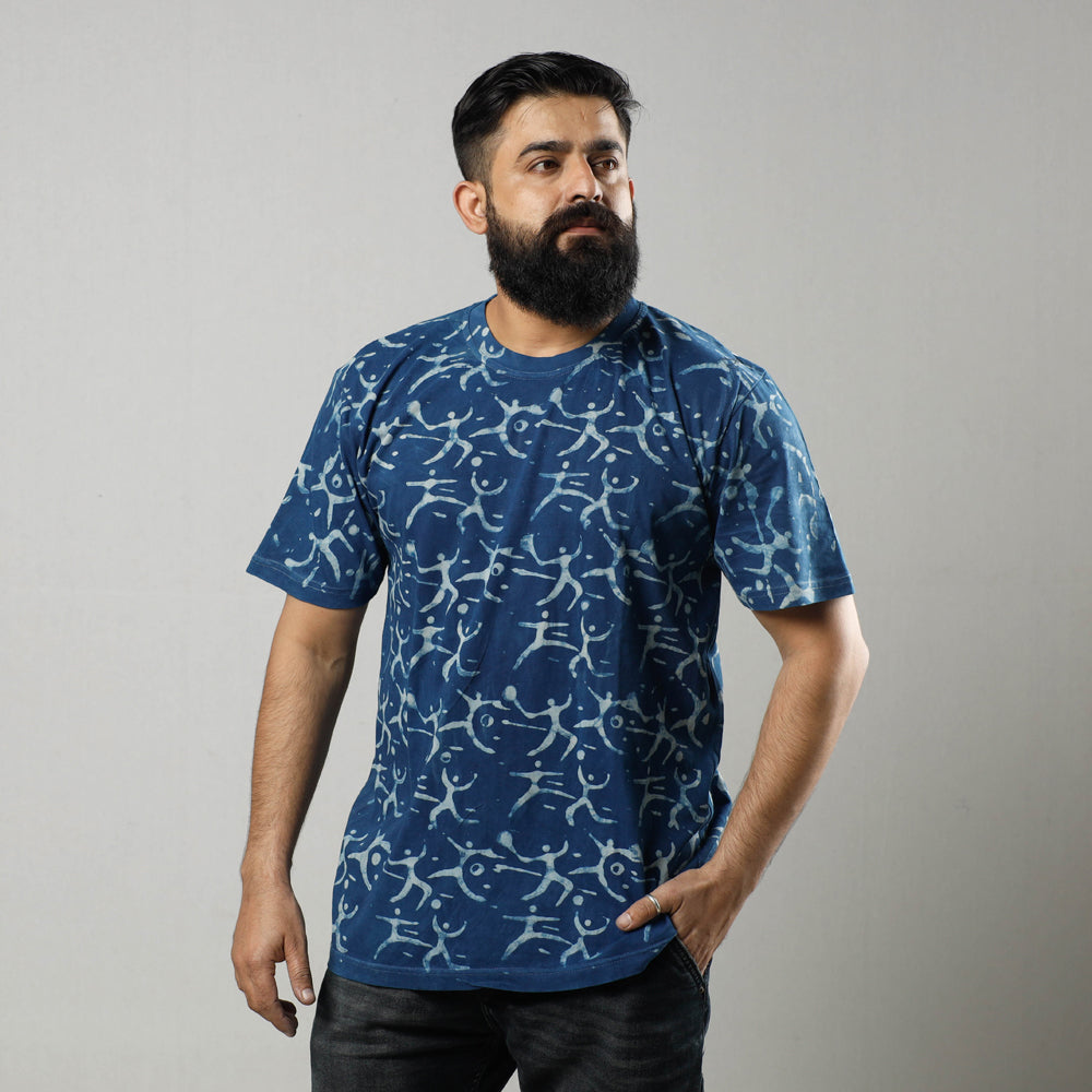 Blue - Bindaas Block Art Printed Cotton Round Neck T-shirt
