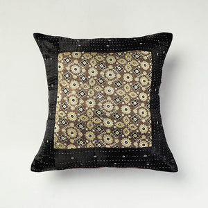 Black - Kutch Embroidered Ajrakh Mashru Silk Cushion Cover (16 x 16 in)