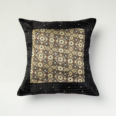 Black - Kutch Embroidered Ajrakh Mashru Silk Cushion Cover (16 x 16 in)