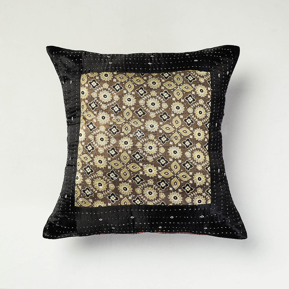 Black - Kutch Embroidered Ajrakh Mashru Silk Cushion Cover (16 x 16 in)