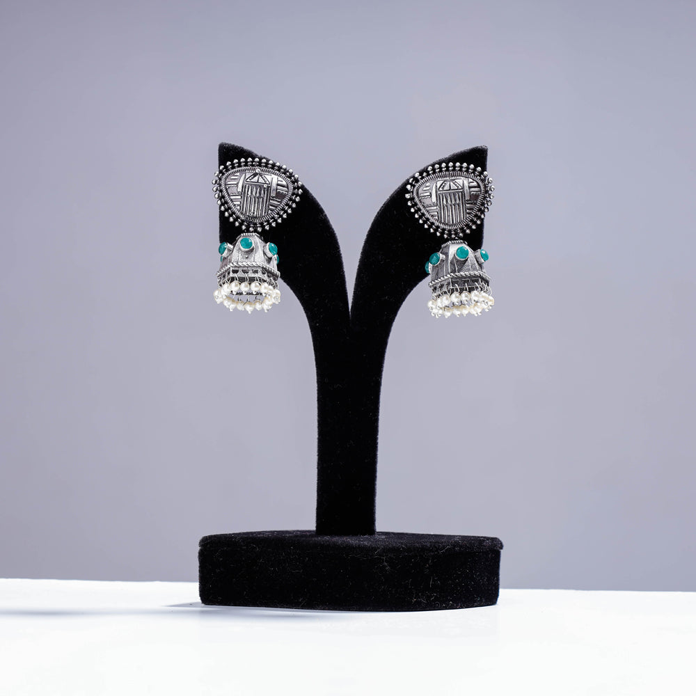 Antique Silver Finish Oxidised Brass Base Jhumki Earrings