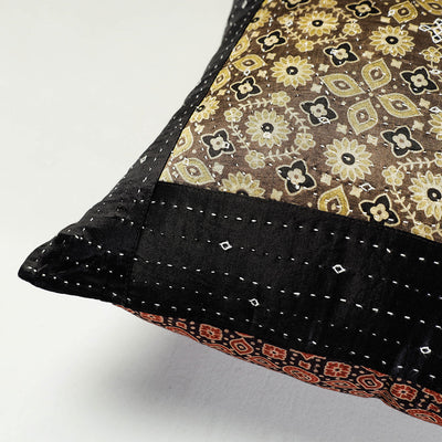 Black - Kutch Embroidered Ajrakh Mashru Silk Cushion Cover (16 x 16 in)