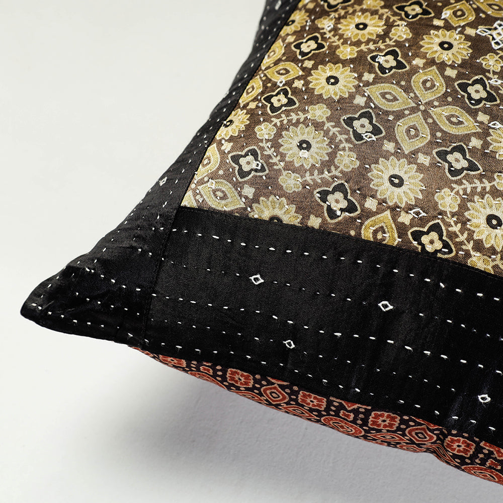 Black - Kutch Embroidered Ajrakh Mashru Silk Cushion Cover (16 x 16 in)