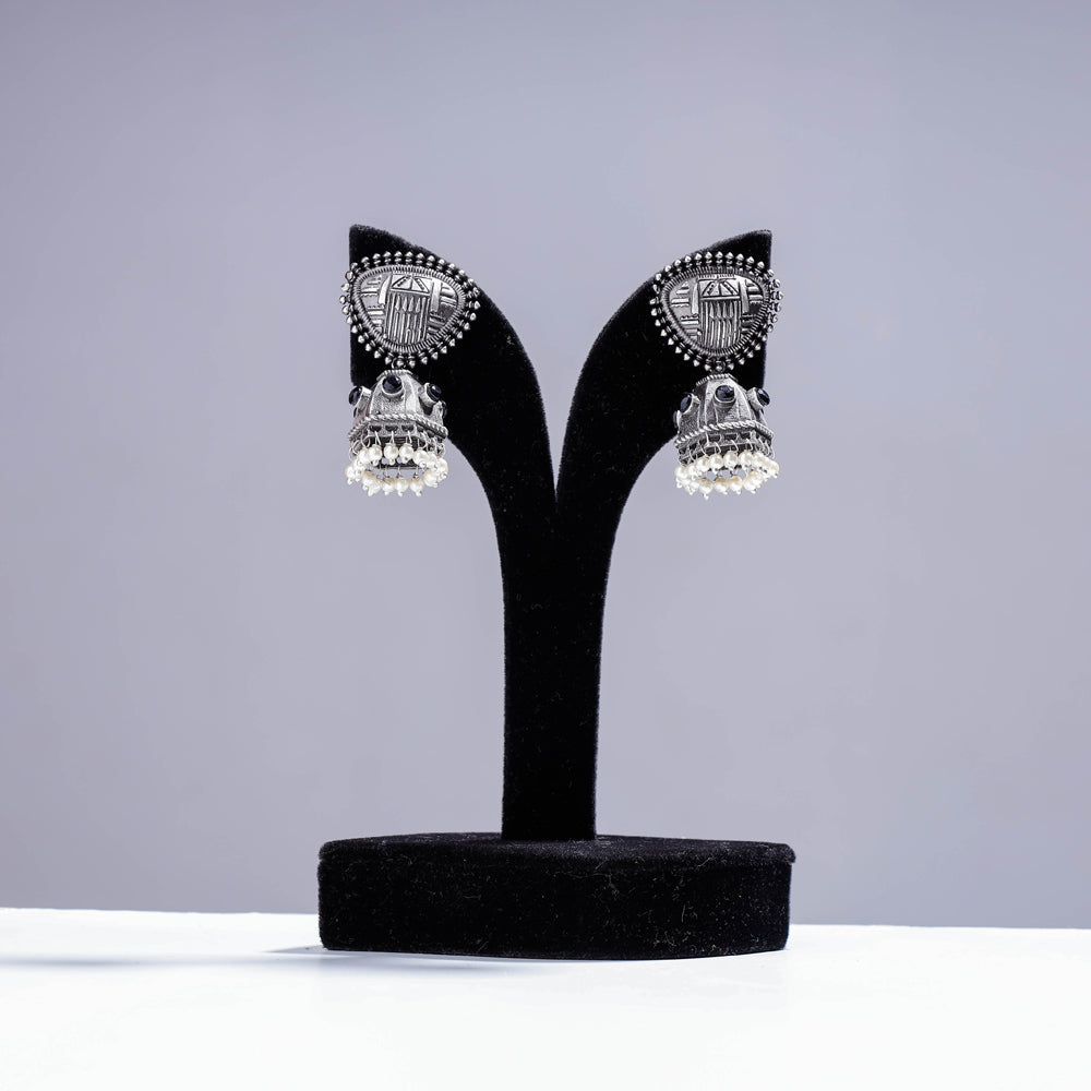 Antique Silver Finish Oxidised Brass Base Jhumki Earrings
