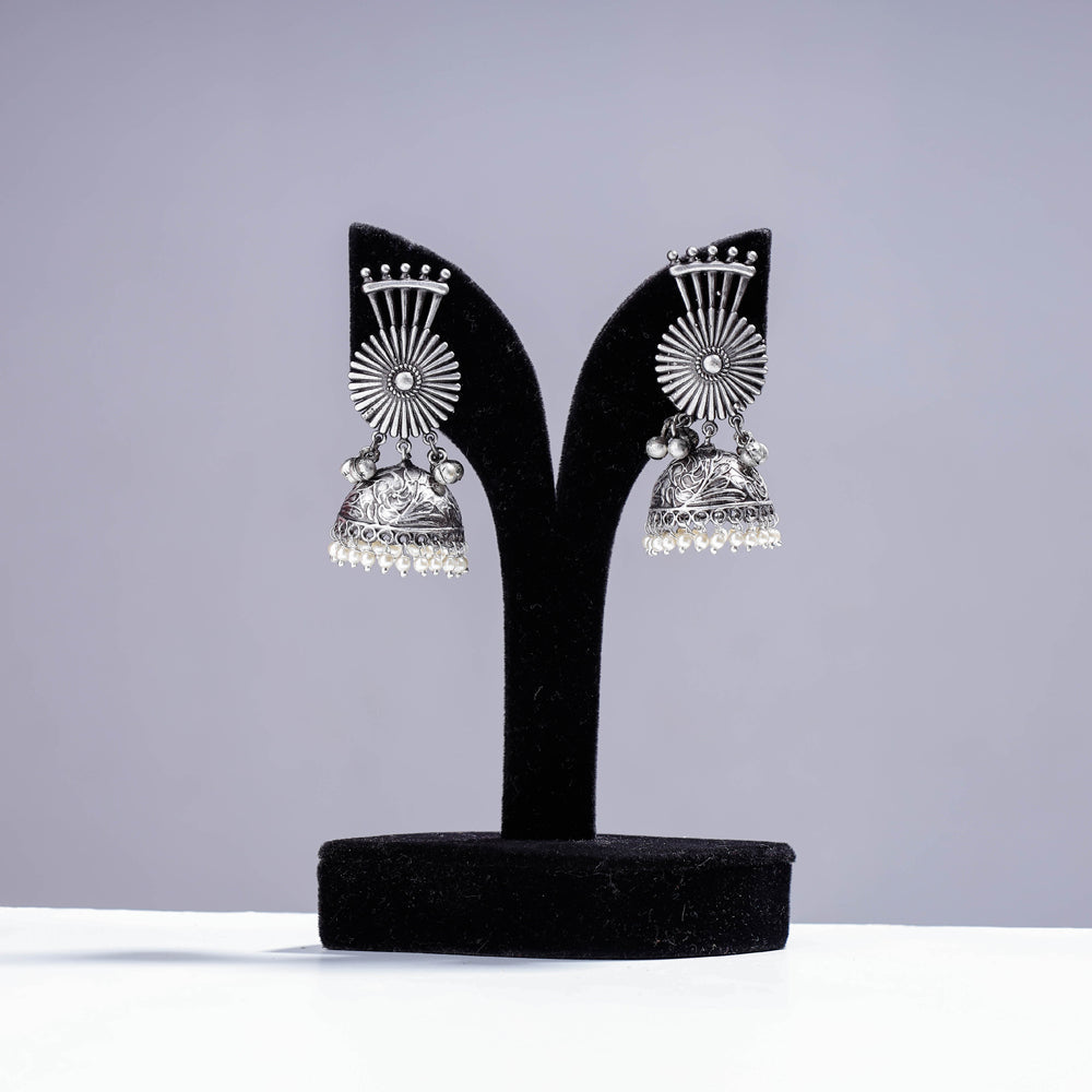 Antique Silver Finish Oxidised Brass Base Jhumki Earrings