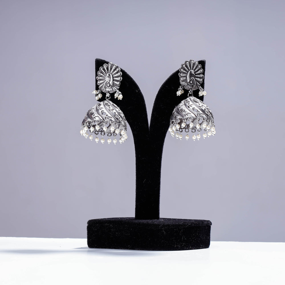Antique Silver Finish Oxidised Brass Base Jhumki Earrings