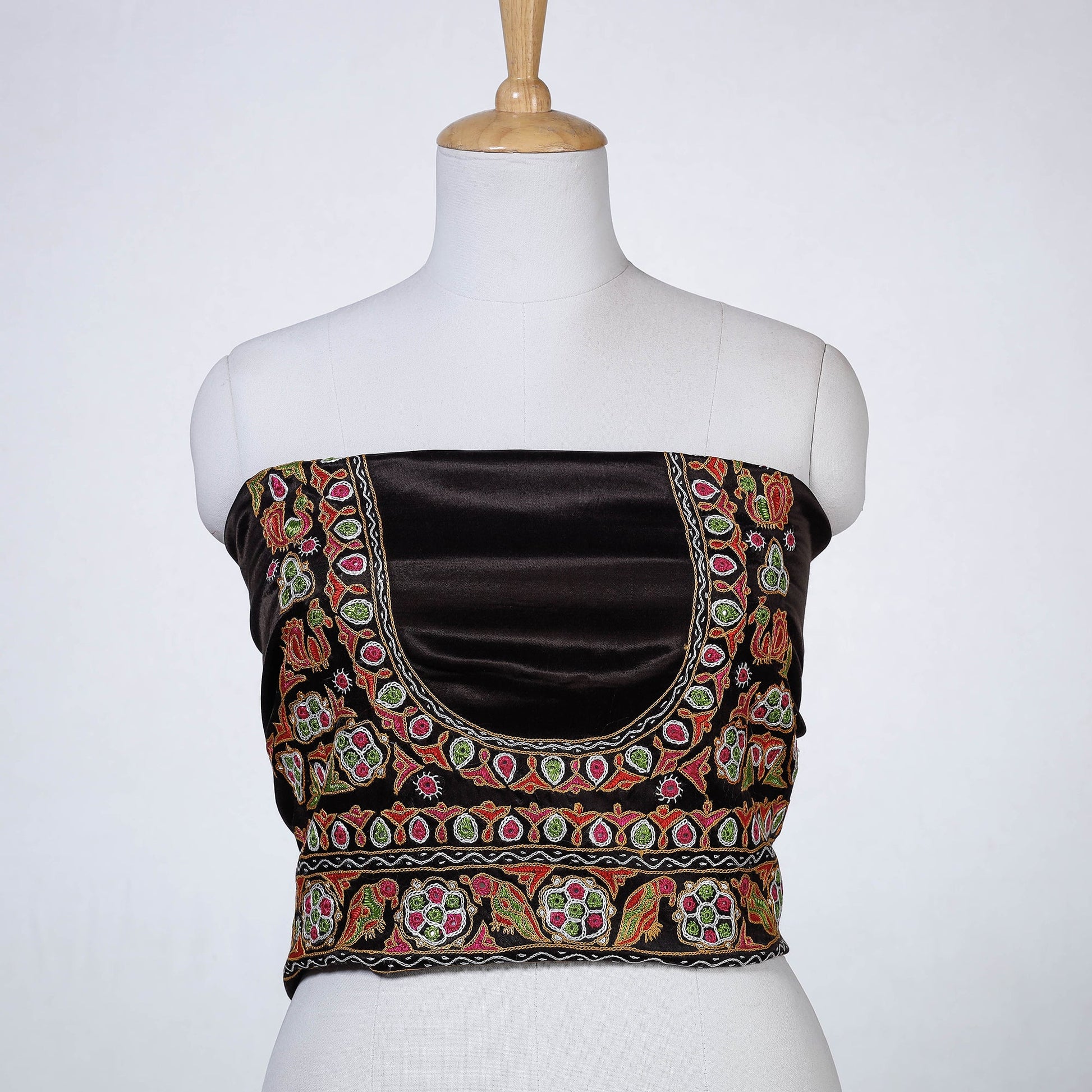 Black - Kutch Hand Embroidery Mashru Silk Blouse Piece