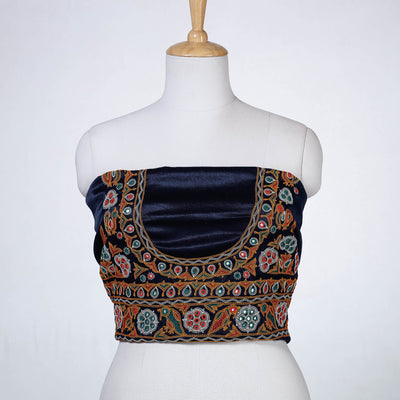Blue - Ahir Hand Embroidery Kutch Mirror Work Mashru Silk Blouse Piece