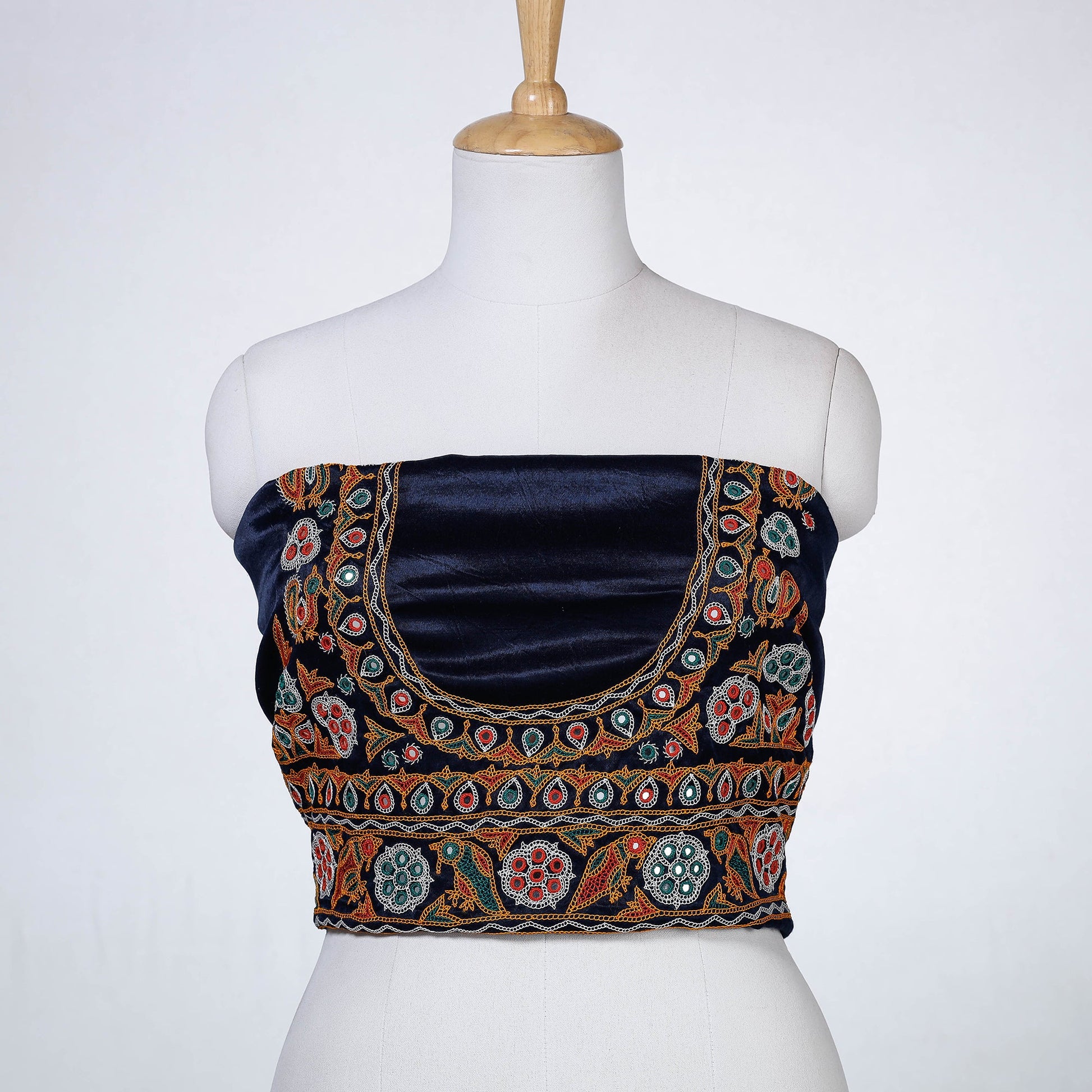 Blue - Ahir Hand Embroidery Kutch Mirror Work Mashru Silk Blouse Piece
