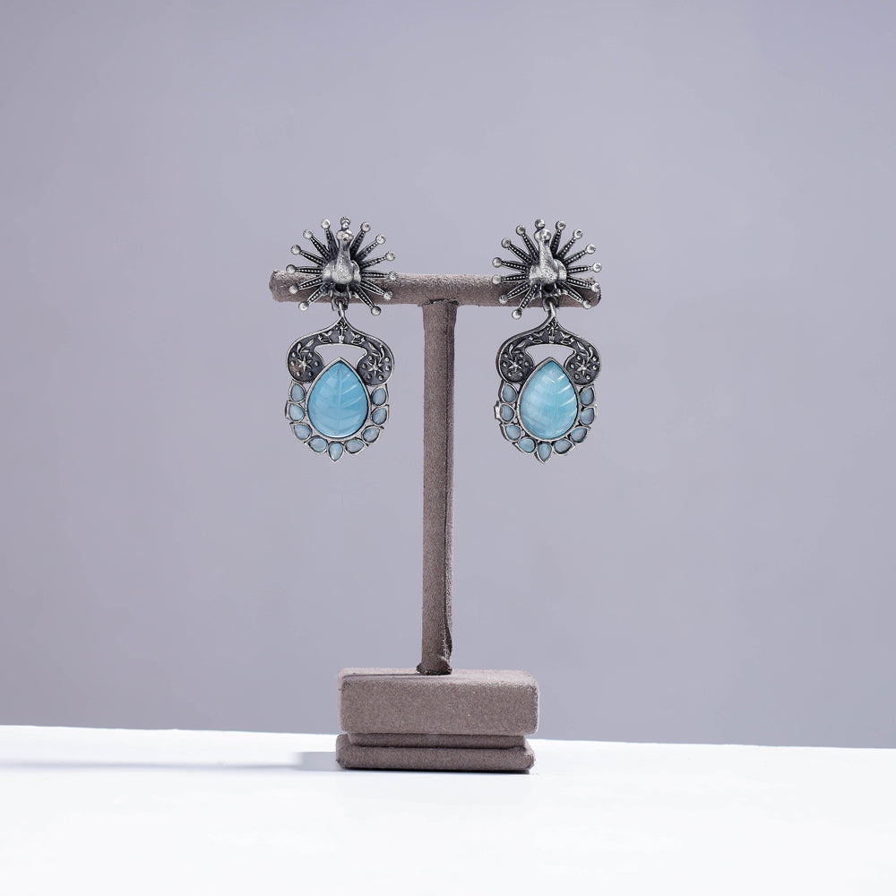Antique Silver Finish Oxidised Brass Base Stone Work Earrings