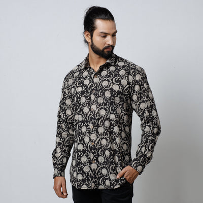 Black - Bagru Block Printed Cotton Men Full Sleeve Shirt