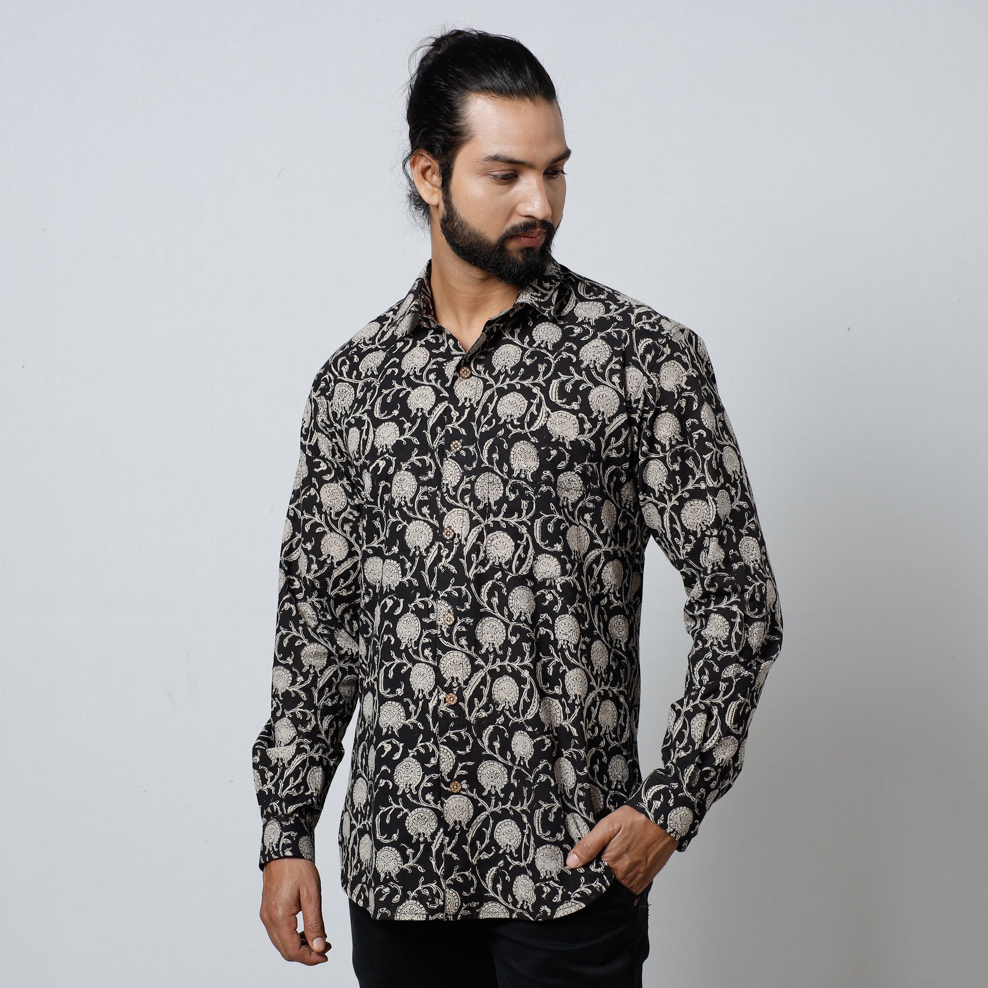 Black - Bagru Block Printed Cotton Men Full Sleeve Shirt