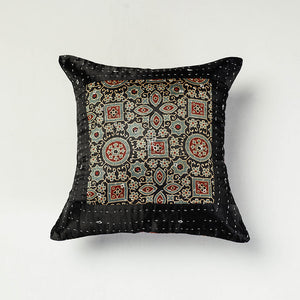 Black - Kutch Embroidered Ajrakh Mashru Silk Cushion Cover (12 x 12 in)