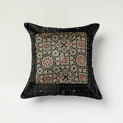 Black - Kutch Embroidered Ajrakh Mashru Silk Cushion Cover (12 x 12 in)