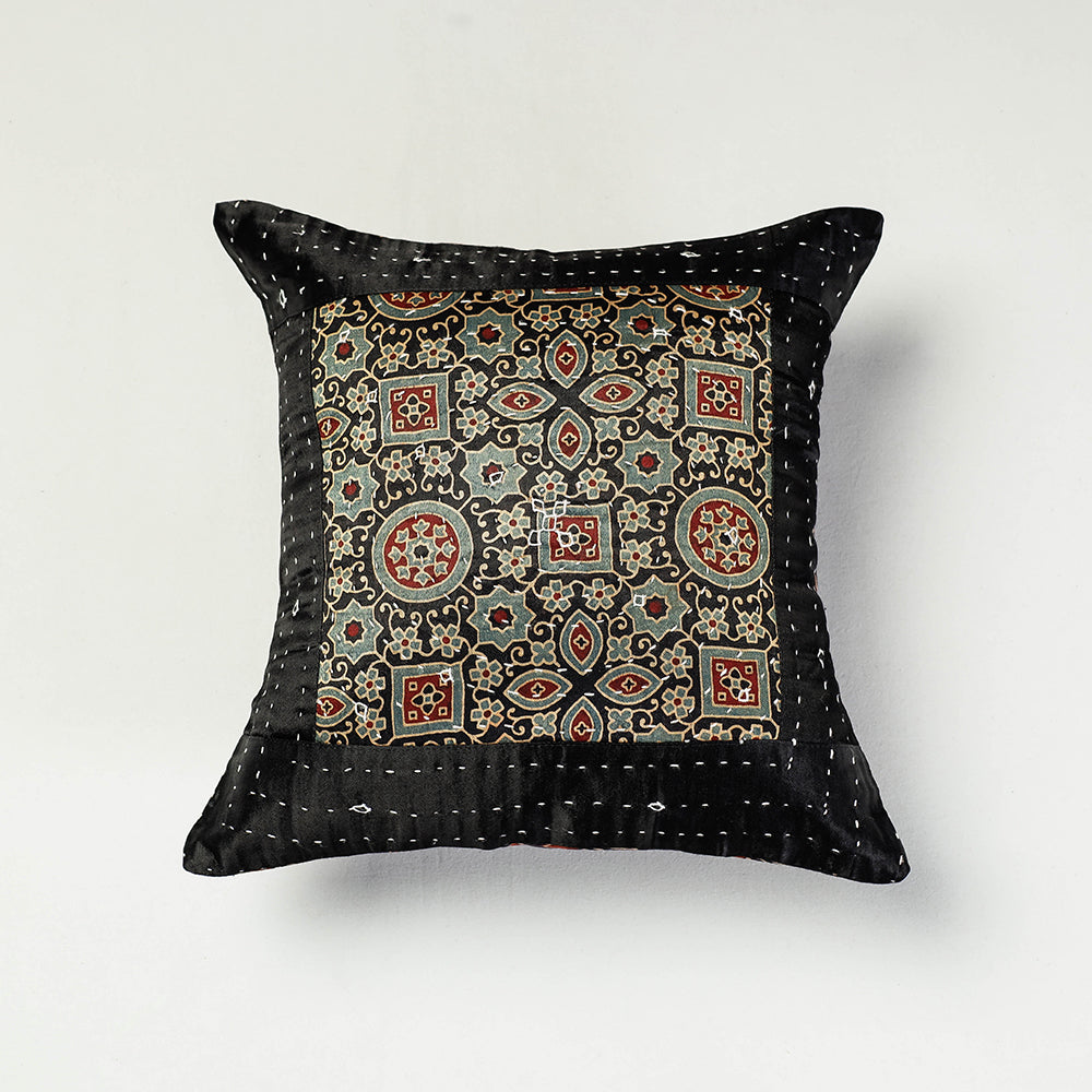 Black - Kutch Embroidered Ajrakh Mashru Silk Cushion Cover (12 x 12 in)