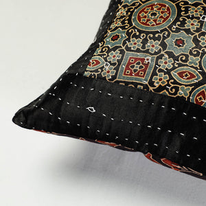 Black - Kutch Embroidered Ajrakh Mashru Silk Cushion Cover (12 x 12 in)