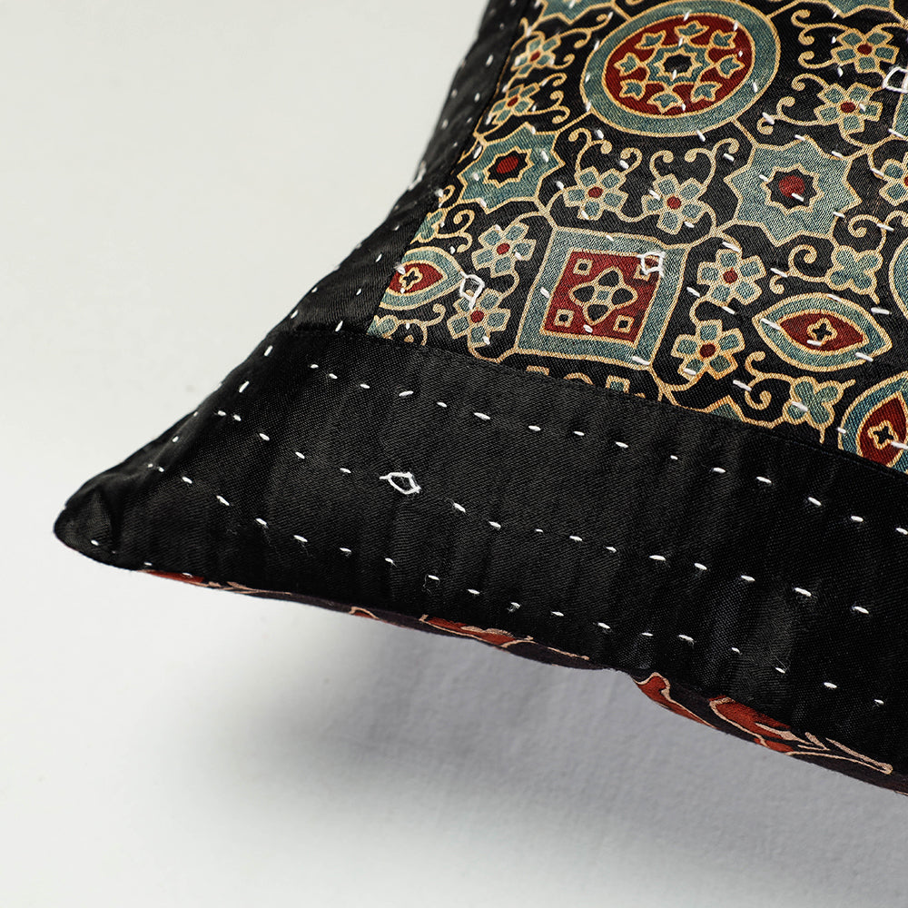 Black - Kutch Embroidered Ajrakh Mashru Silk Cushion Cover (12 x 12 in)