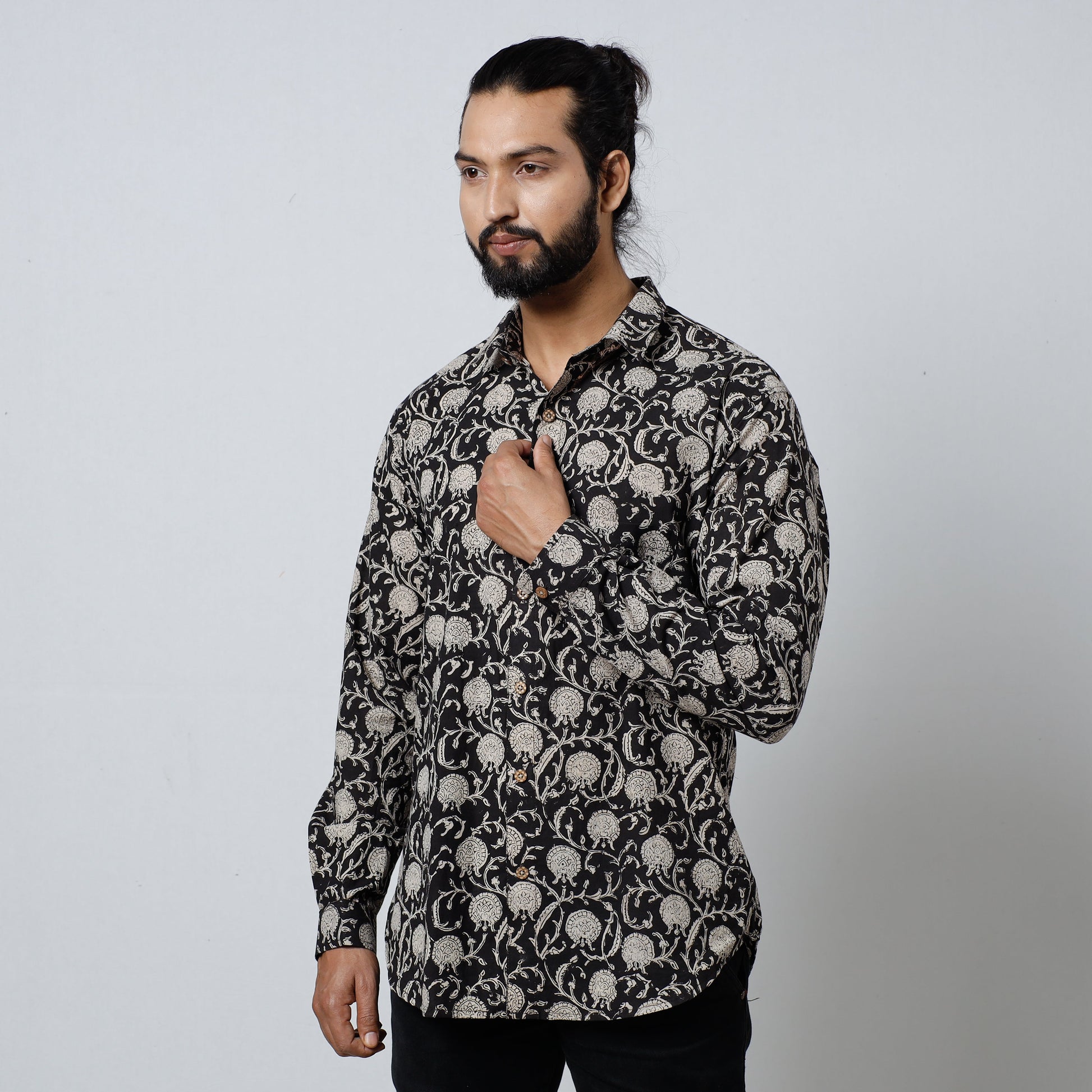 Black - Bagru Block Printed Cotton Men Full Sleeve Shirt