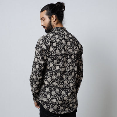 Black - Bagru Block Printed Cotton Men Full Sleeve Shirt
