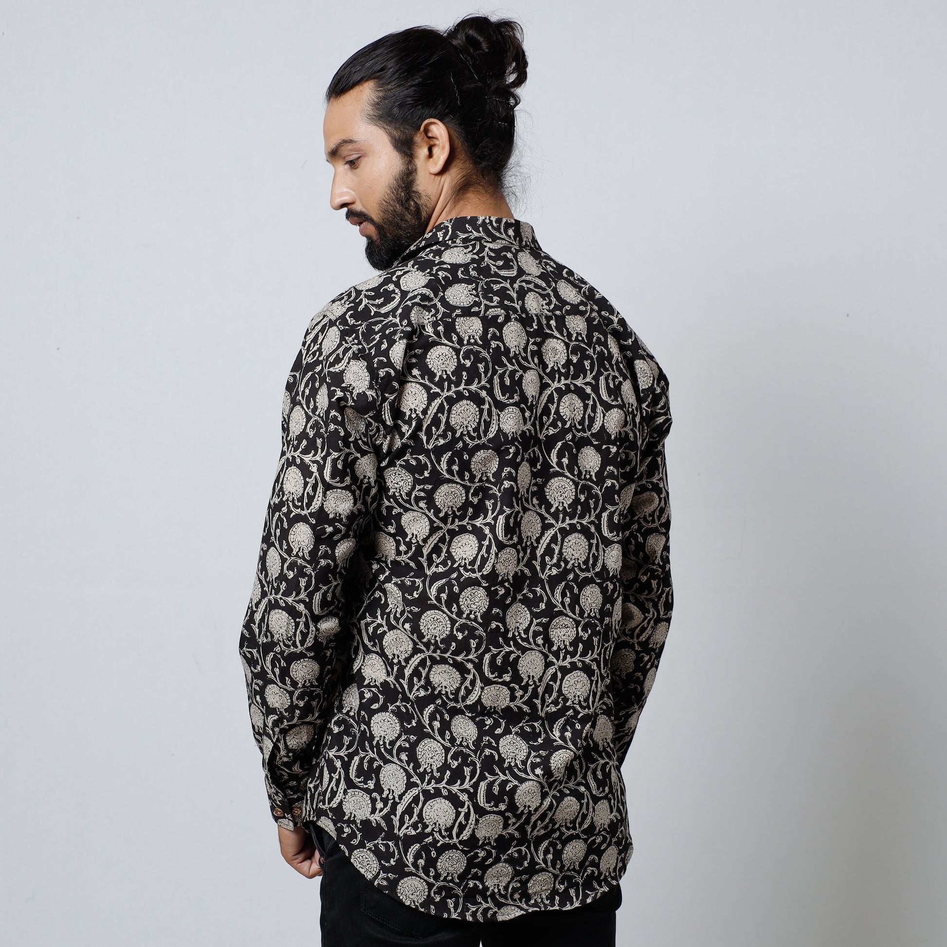 Black - Bagru Block Printed Cotton Men Full Sleeve Shirt