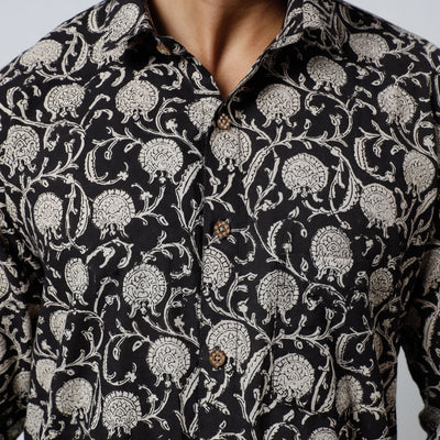 Black - Bagru Block Printed Cotton Men Full Sleeve Shirt