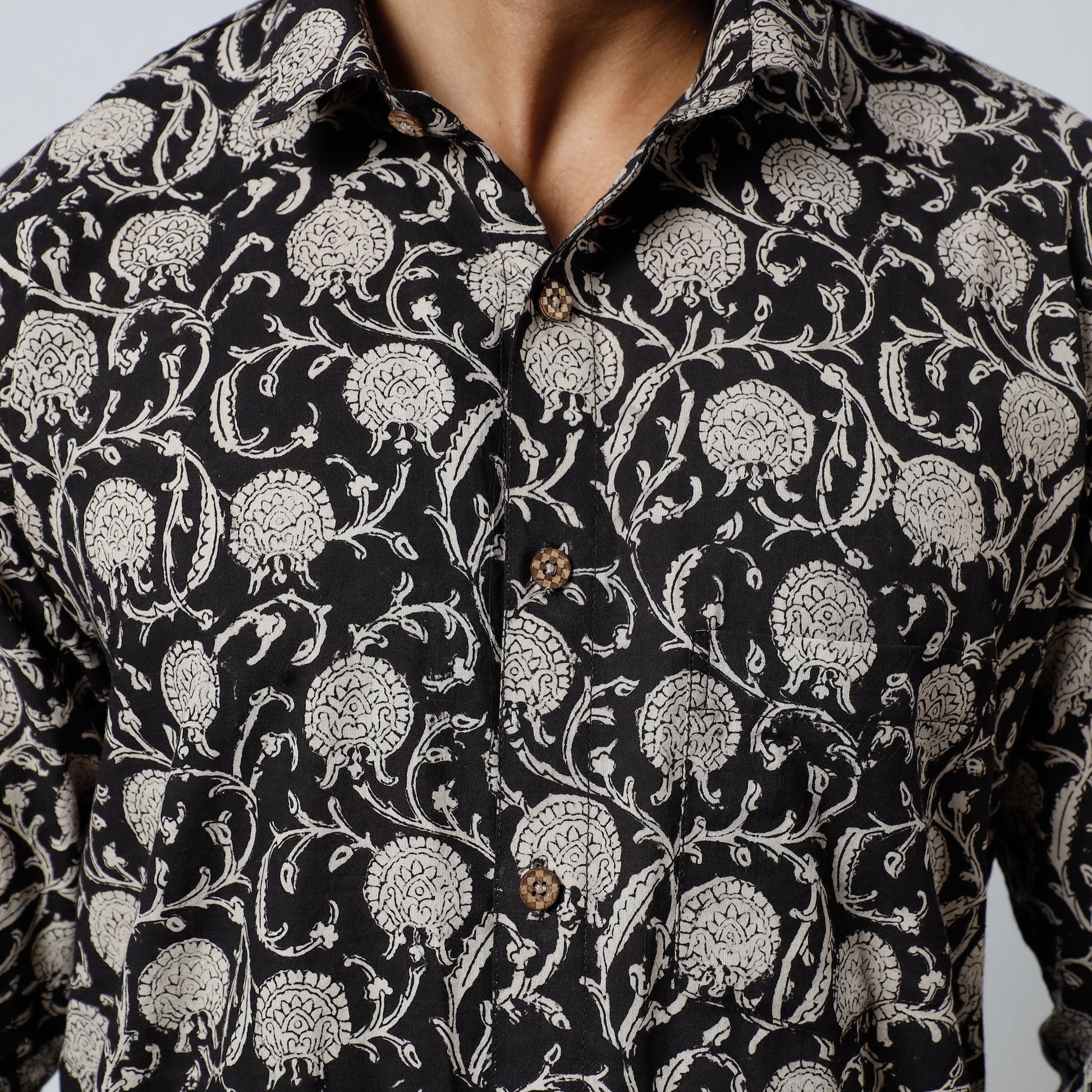 Black - Bagru Block Printed Cotton Men Full Sleeve Shirt