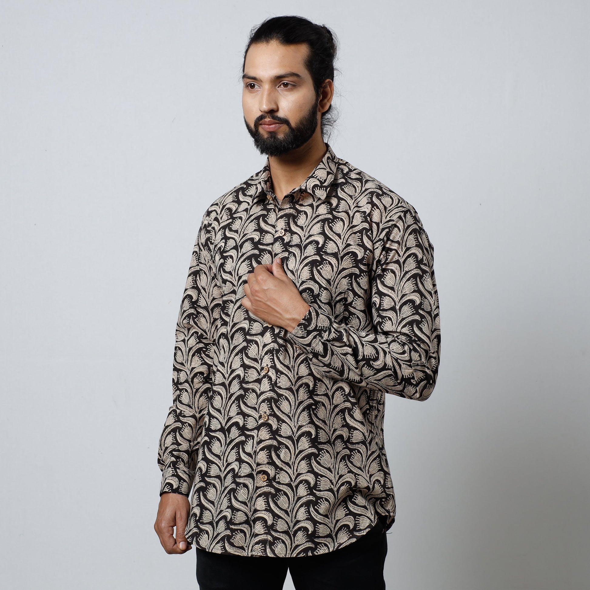 Black - Bagru Block Printed Cotton Men Full Sleeve Shirt