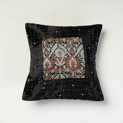 Black - Kutch Embroidered Ajrakh Mashru Silk Cushion Cover (12 x 12 in)