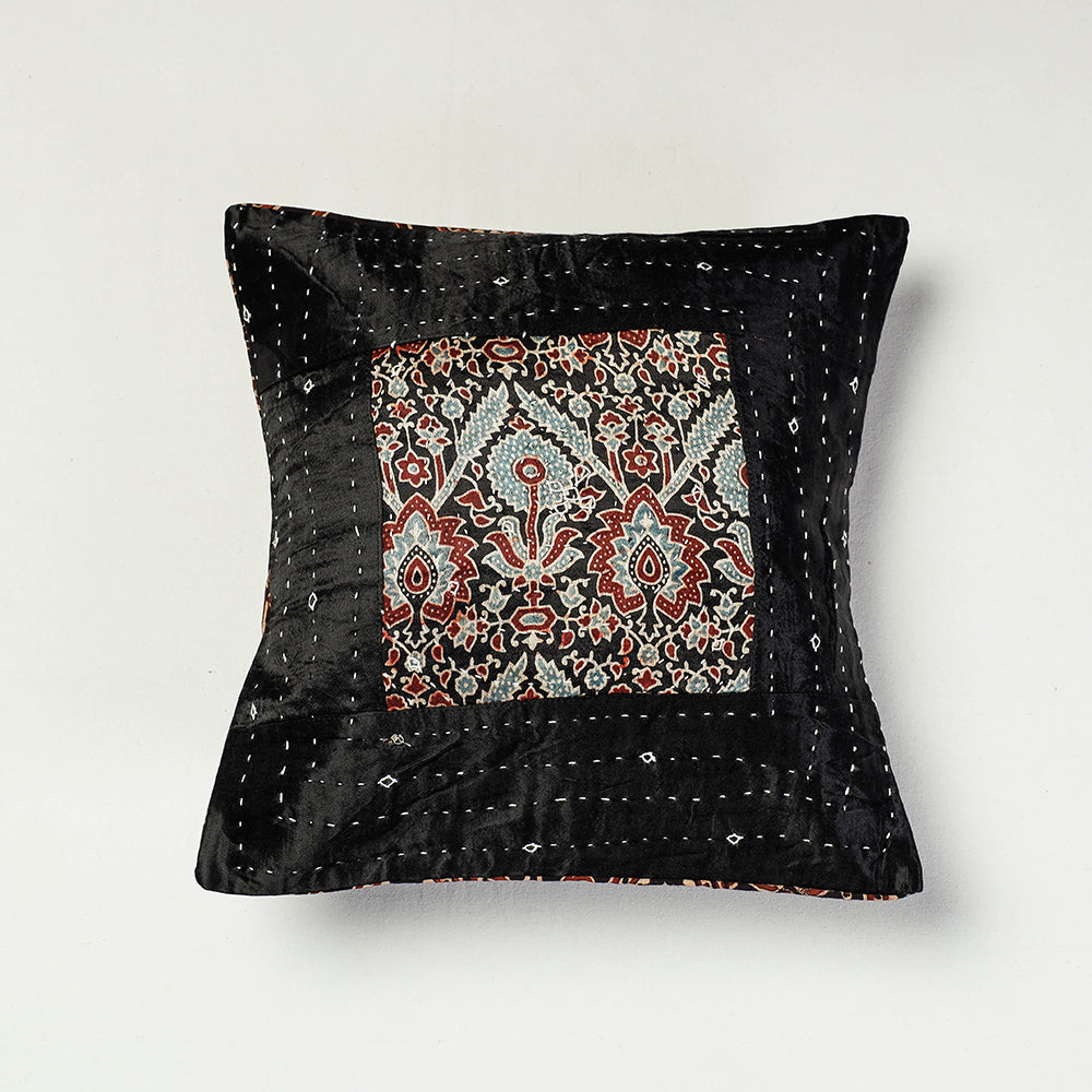 Black - Kutch Embroidered Ajrakh Mashru Silk Cushion Cover (12 x 12 in)
