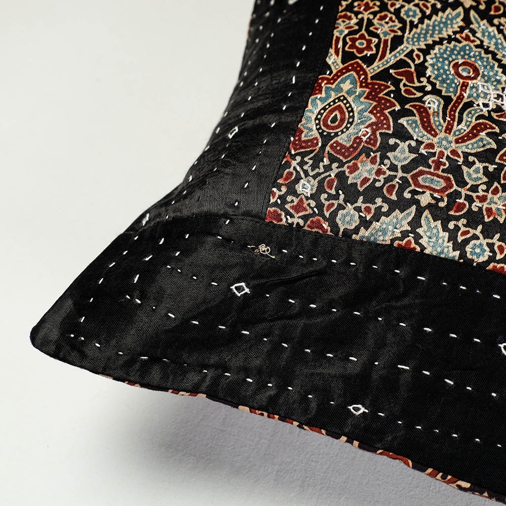 Black - Kutch Embroidered Ajrakh Mashru Silk Cushion Cover (12 x 12 in)