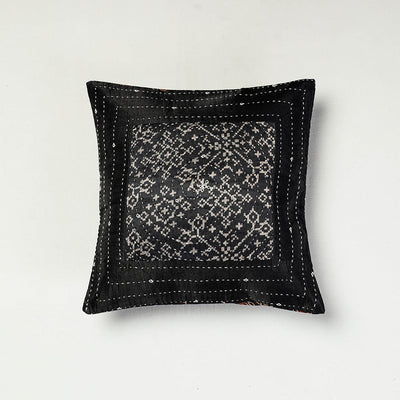 Black - Kutch Embroidered Ajrakh Mashru Silk Cushion Cover (12 x 12 in)