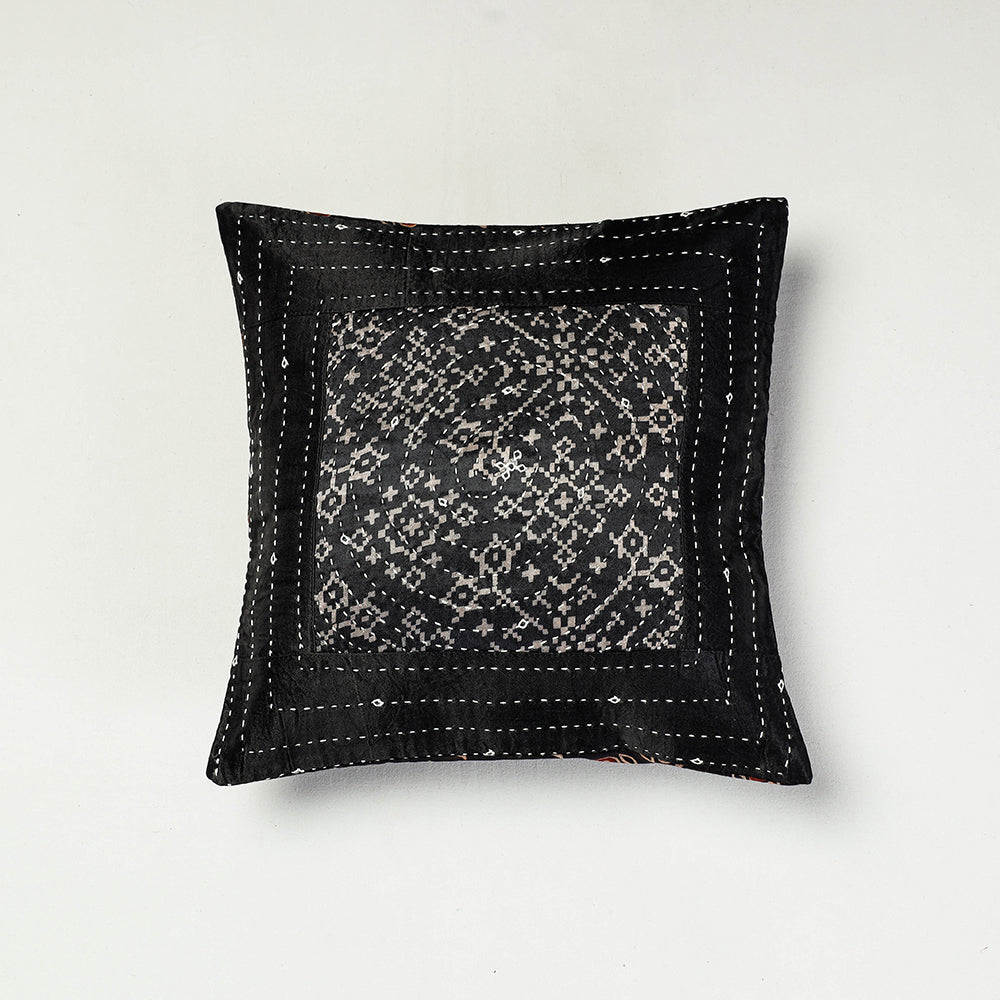 Black - Kutch Embroidered Ajrakh Mashru Silk Cushion Cover (12 x 12 in)