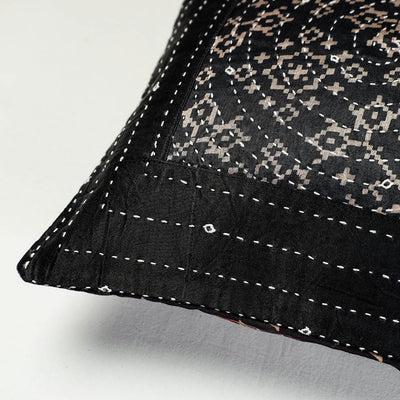 Black - Kutch Embroidered Ajrakh Mashru Silk Cushion Cover (12 x 12 in)