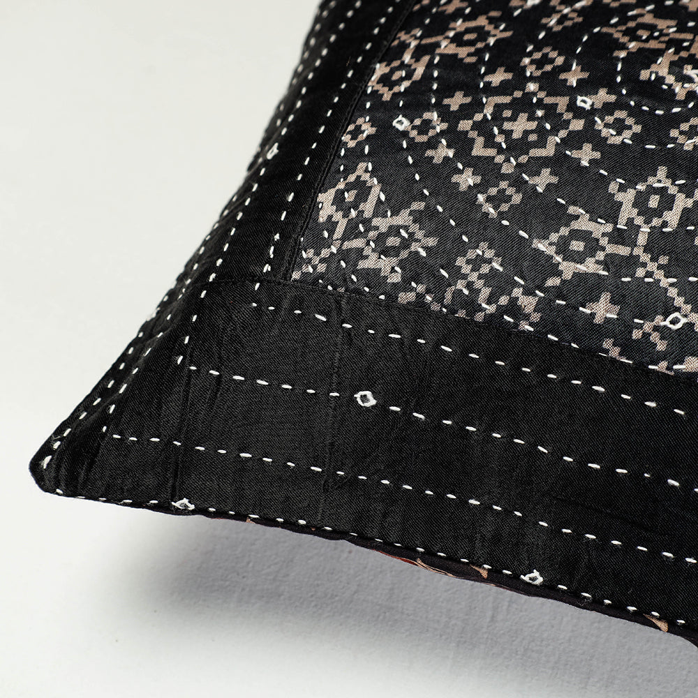 Black - Kutch Embroidered Ajrakh Mashru Silk Cushion Cover (12 x 12 in)