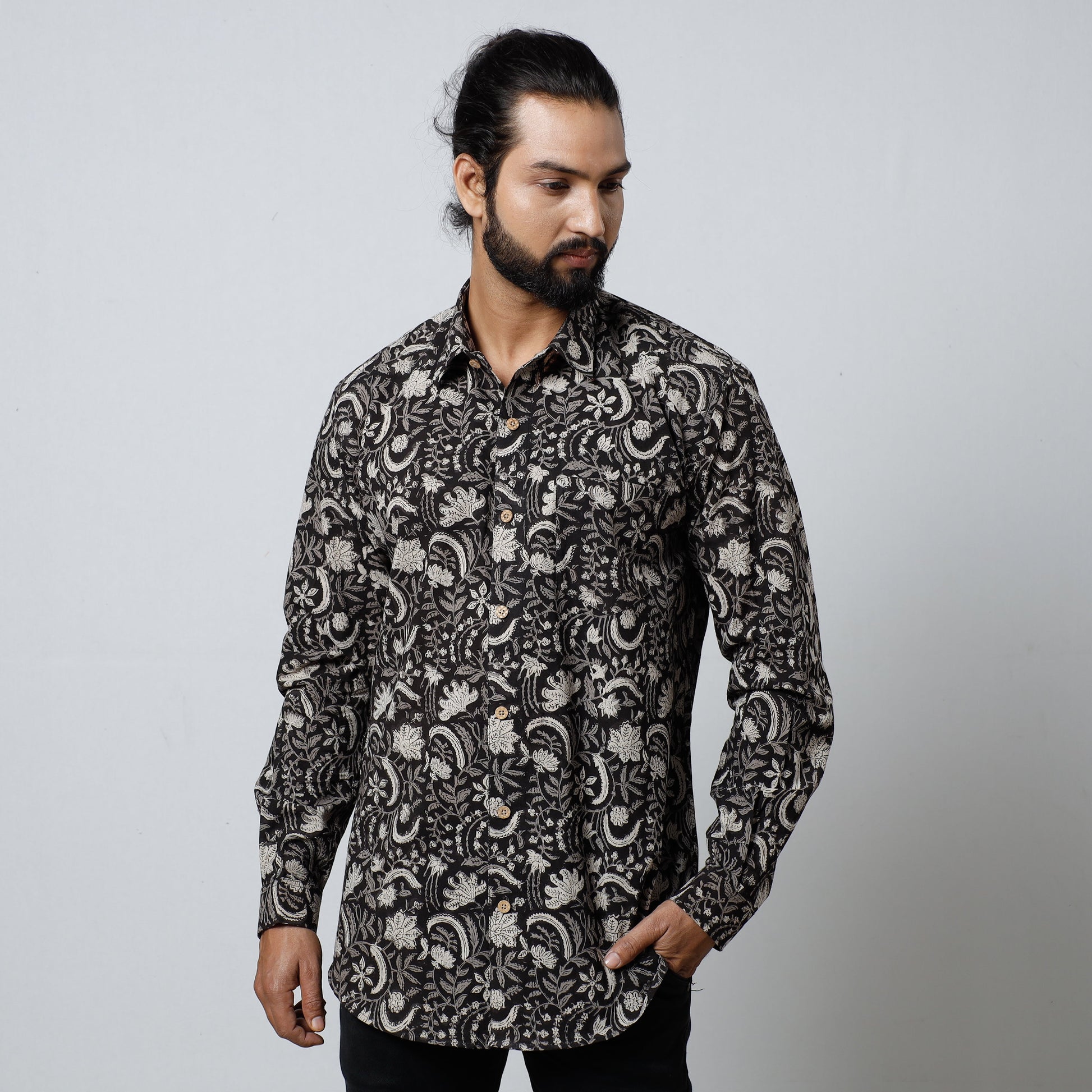 Black - Bagru Block Printed Cotton Men Full Sleeve Shirt